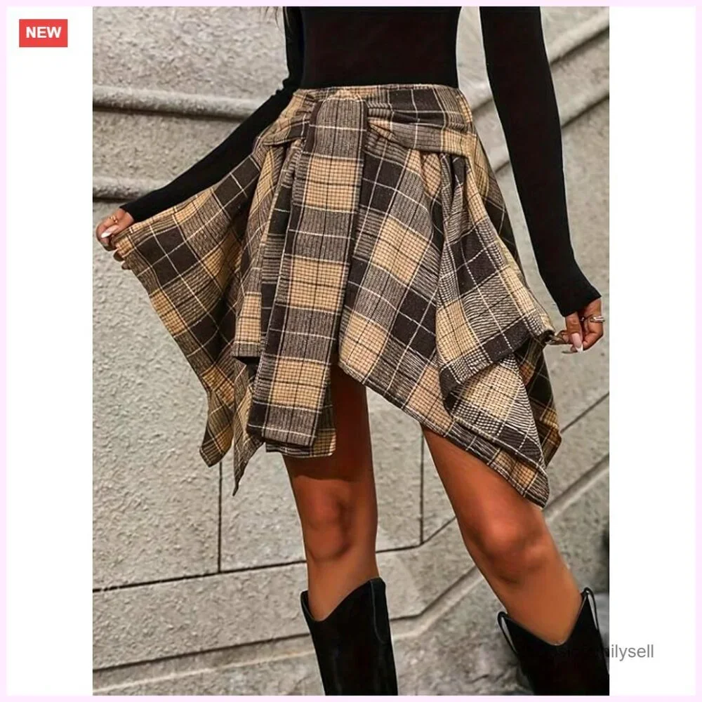 High Waisted Asymmetrical Hem Plaid Mini Skirt Elastic Waist A-Line Flared - Picture 2 of 4